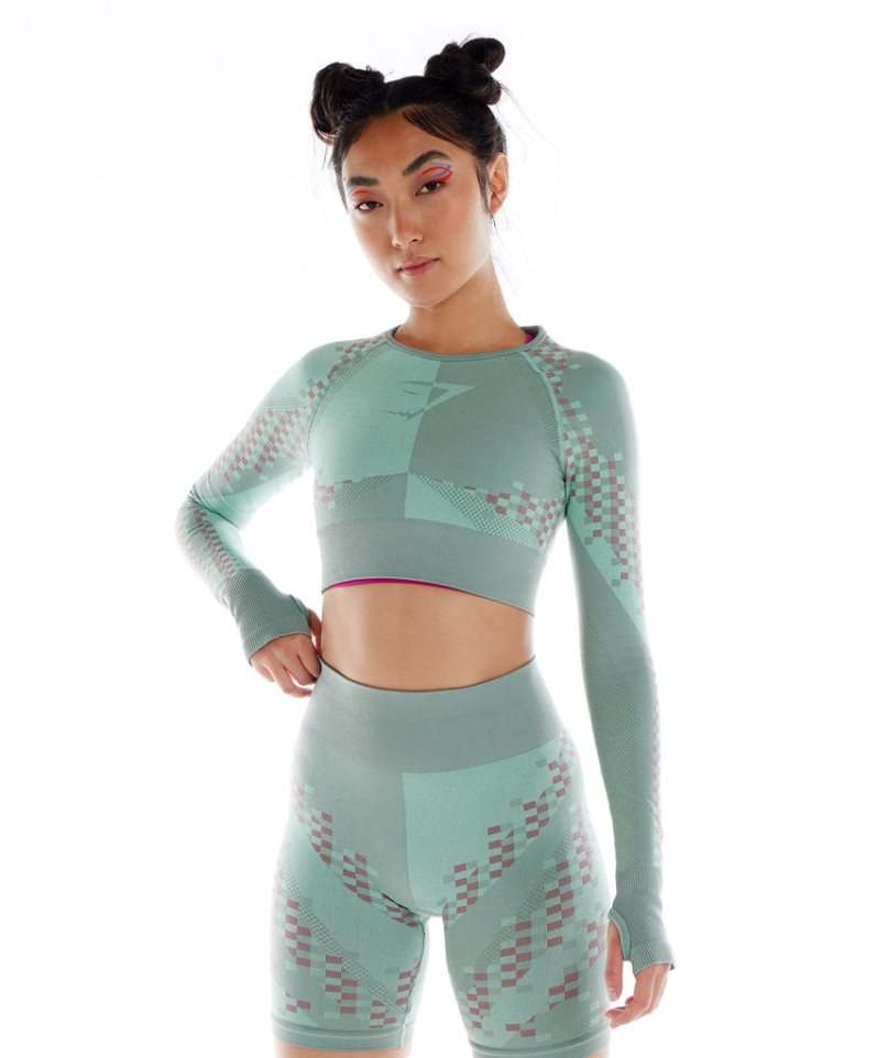 Przycięte Topy Gymshark Wtflex Cyborg Seamless Long Sleeve Damskie Zielone | PL 509PBR